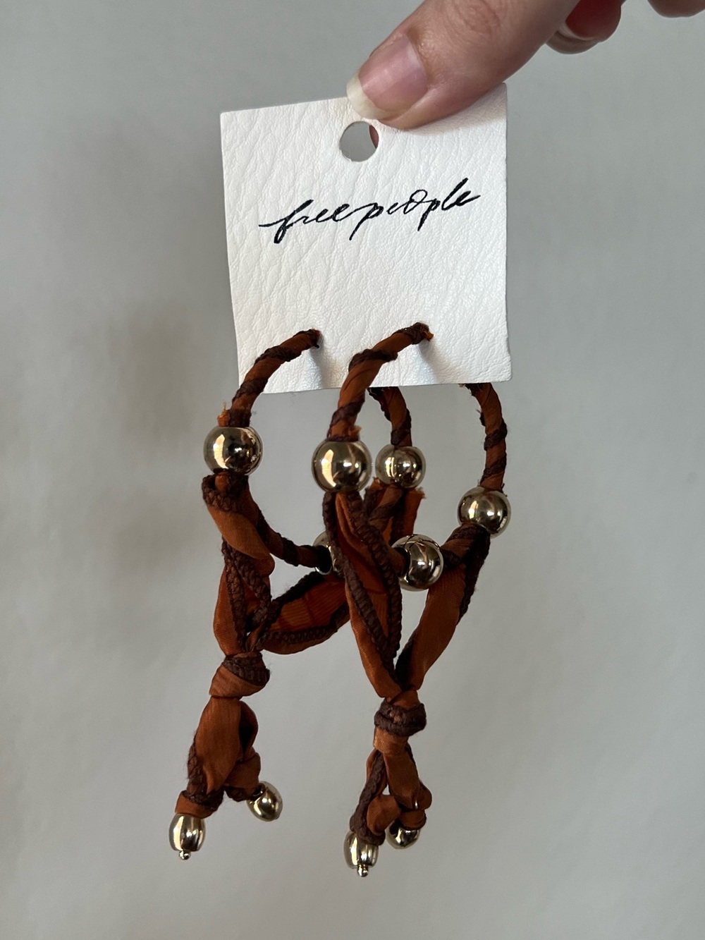 NWT! Free People Rust Brown Fabric & Bead Hoop Earrings Set